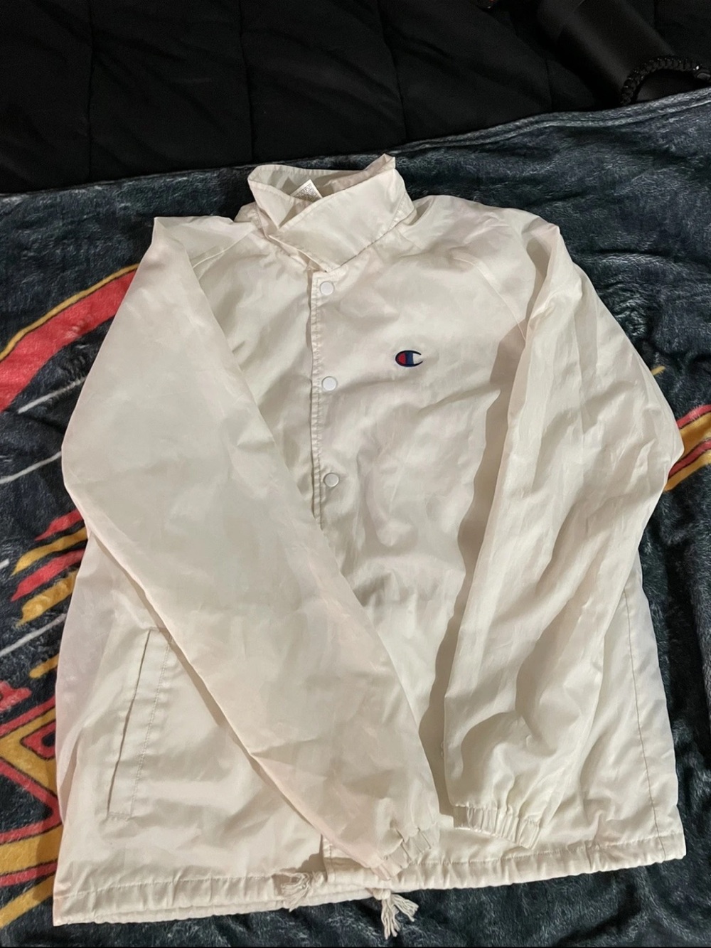 VTG Men’s Champion White Nylon Coach Jacket  Button Up Coat In Large
